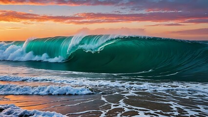 Majestic ocean wave breaking at sunset, vibrant teal water, dramatic sky.  Perfect for travel, nature, and ocean-themed projects.