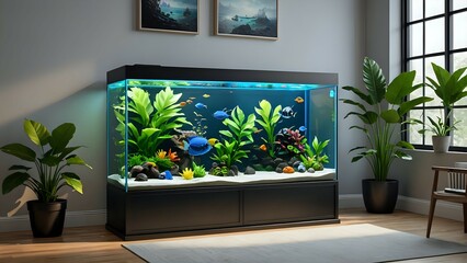 Modern home aquarium with colorful fish and lush plants, creating a serene and relaxing atmosphere. Perfect for interior design, home decor, or relaxation themes.