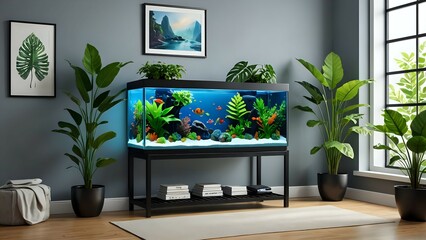 Modern home interior featuring a large aquarium with colorful fish, surrounded by lush green plants and stylish decor.  The scene evokes a sense of calm and tranquility.