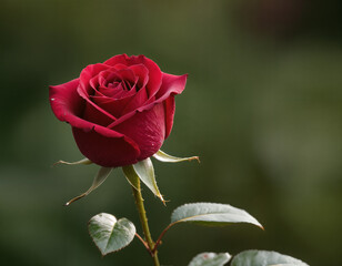 Obraz premium Elegant crimson rose blooms with grace against a soft focus green backdrop in a natural setting.