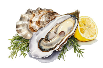 Watercolor oyster with lemon slice and herbs, gourmet seafood illustration