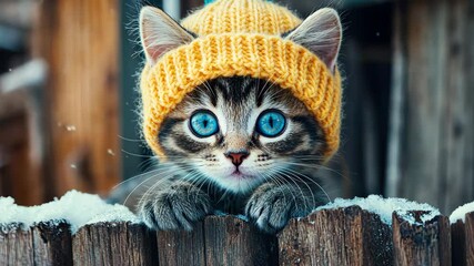 Kitten in a hat on a winter fence. Selective focus. Nature. - Powered by Adobe