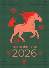 Vibrant 2026 Chinese New Year poster featuring a dynamic red horse, festive floral elements, and decorative patterns. Celebrates the Year of the Horse with bold, celebratory style. Vector illustration