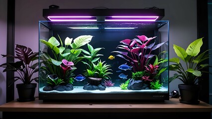 Serene aquarium scene with colorful fish and vibrant aquatic plants, illuminated by LED lights, adding a touch of nature to a modern interior.