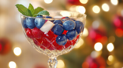Tricolor cocktail with blueberries and mint in crystal glass, celebrating French National Day with festive elegance.