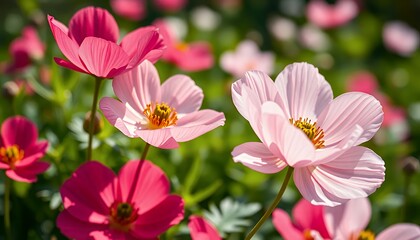 Obraz premium Close Up Of Light Pink and Pink Cosmos Flowers Blooming in Garden with Soft Lighting, Perfect for Spring Themes and Celebrations Like Mother's Day and Earth Day