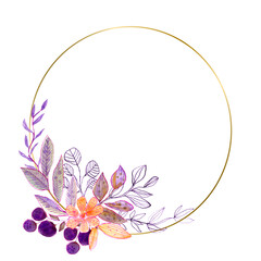 Watercolor flower frame with circle gold frame.