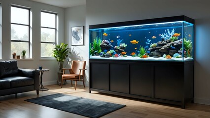 Modern living room interior featuring a large aquarium with colorful fish, plants, and rocks.  Stylish furniture complements the calming aquatic scene.