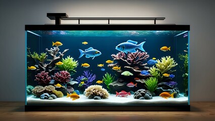 Vibrant aquarium scene with colorful fish, corals, and plants.  Ideal for home decor, relaxation, and aquatic themes.