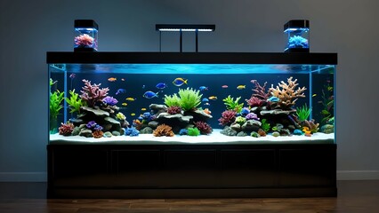 Vibrant, large saltwater aquarium with colorful fish and coral reef decorations, illuminated by LED lights, sitting on a dark stand in a modern home interior.