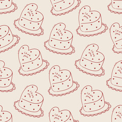 Seamless vector pattern with line art heart shaped bento cakes. Doodle background for valentine day, wedding, anniversary. Coquette girlie texture for wallpaper, wrapping paper, textile