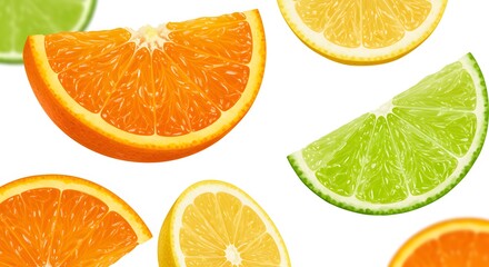 Fototapeta premium Mixed citrus fruit slices (orange, lemon, lime) in mid-air, with detailed pulp, rind, and subtle shadows, isolated on white
