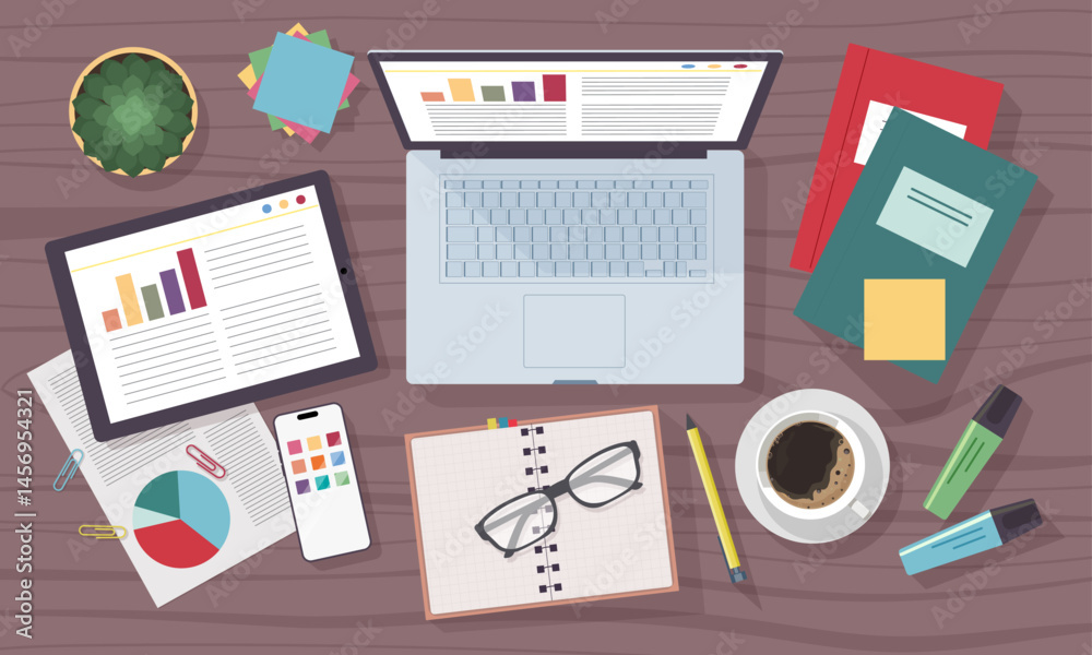 Poster work table top view. teenager education desktop. pen and paper for business technology. office lapto