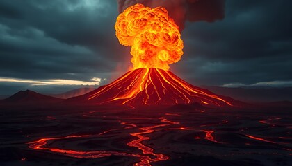 Fiery Volcano Eruption With Lava Flows Under Dark Cloudy Sky Displaying Geological Activity And Rivers Of Molten Lava Perfect For Decoration And Symbolizing Earth Day