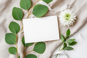 Delicate wedding invitation for mockup displays a blank card elegantly surrounded by fresh greenery and a white flower on a soft fabric background.