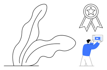 Award ribbon beside abstract plant, person in blue analyzing digital media on a tablet. Ideal for success, achievement, eco-focus, education, creativity, progress, simple landing page