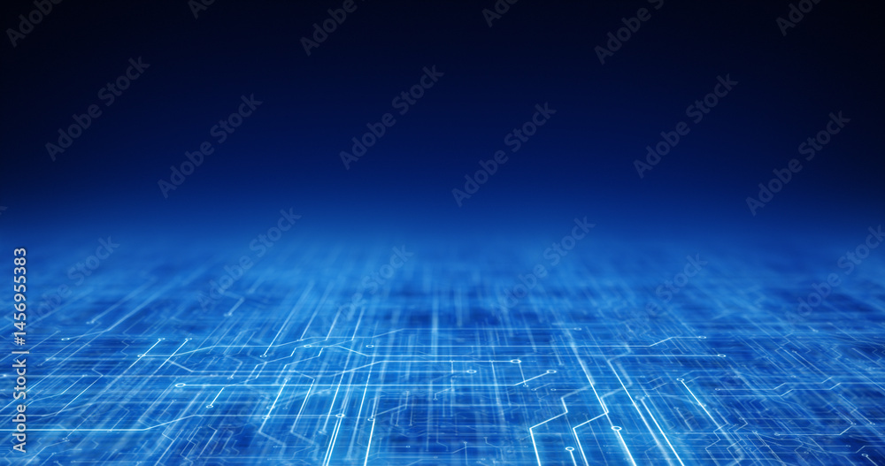 Poster abstract 3d render of a blue digital technology background featuring a circuit board pattern, repres