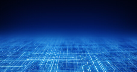 Abstract 3D render of a blue digital technology background featuring a circuit board pattern, representing modern tech and network communication.