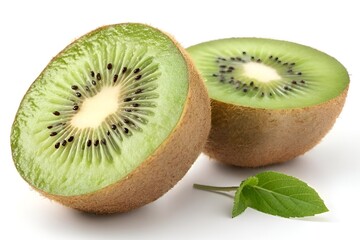 Fresh Kiwi Fruit Cross-Section on White Background with Leaf &ndash; Vibrant Green and Brown Contrast