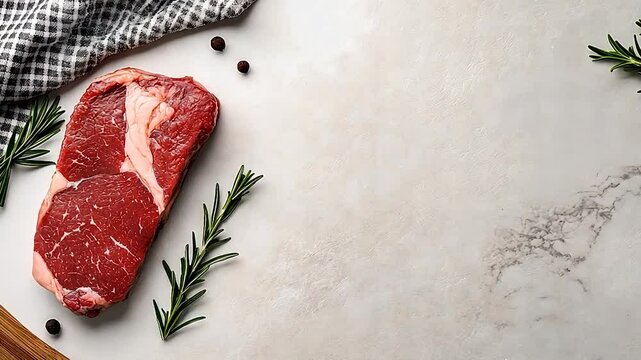 Ribeye steak, rosemary, pepper, dishcloth on a marbled white background