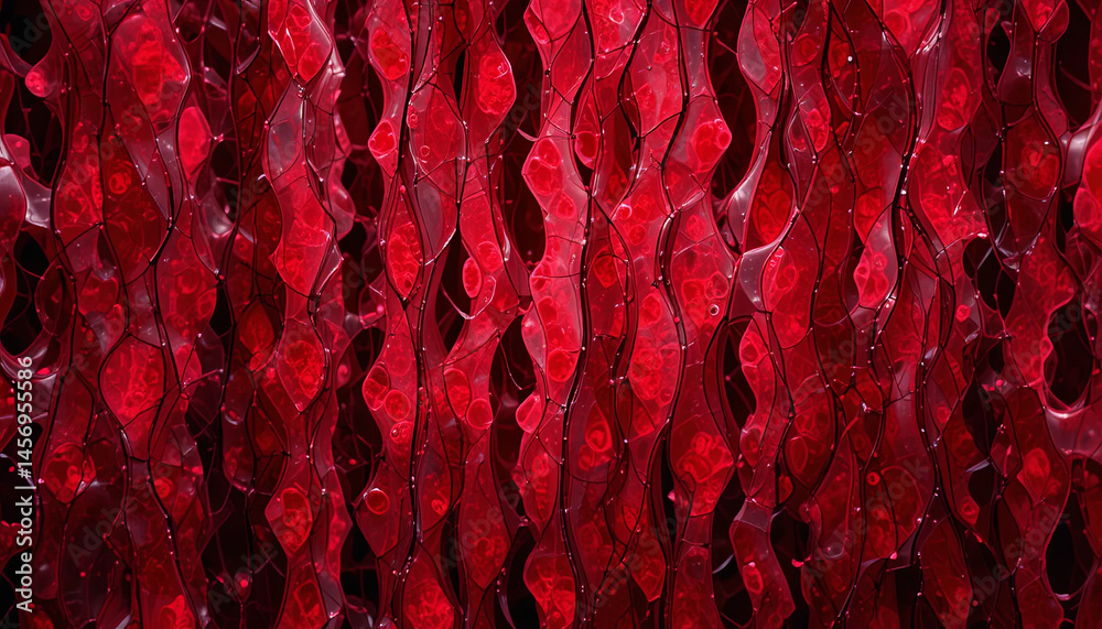 Poster a vibrant abstract design features flowing red shapes that mimic the movement of waves, creating a c