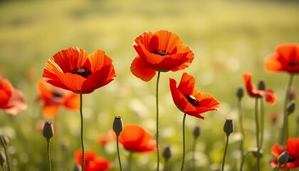 Vibrant Red Poppy Flowers Blooming in Sunlight Filled Green Field Emphasizing Natural Beauty and Serenity Perfect for Decoration and Remembrance Day Theme with Soft Focus Effect