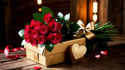 Obraz premium A bouquet of red roses in a gold box on a wooden table.