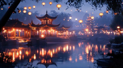Serene Asian landscape at night, illuminated pagodas and lanterns reflecting on a calm water