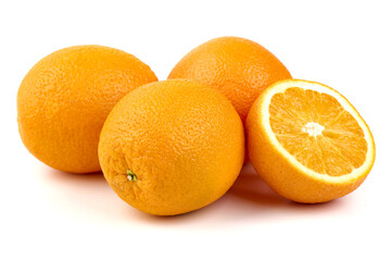 Fresh Whole and Sliced Oranges, isolated on white background.