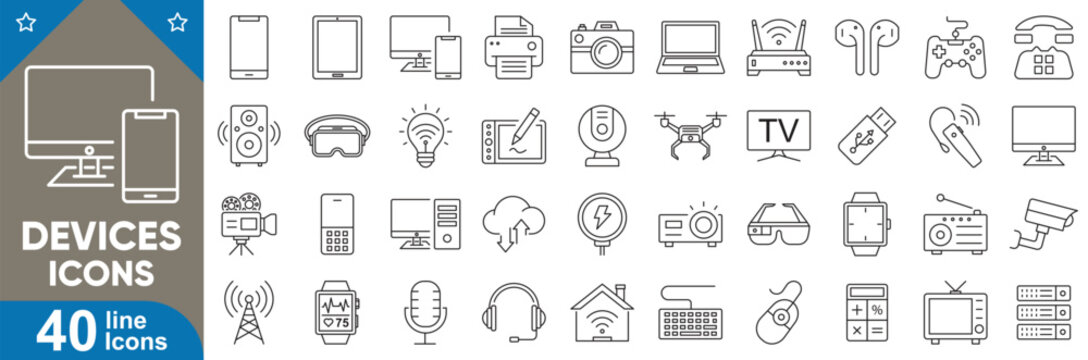 Device line icons set. Modern electronic gadgets, smart devices, digital technology symbols, mobile accessories, computer hardware, home tech and more. Vector illustration