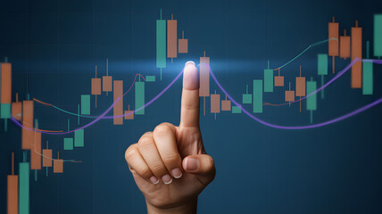 Hand Pointing at Stock Market Trend Analysis on a Digital Screen
