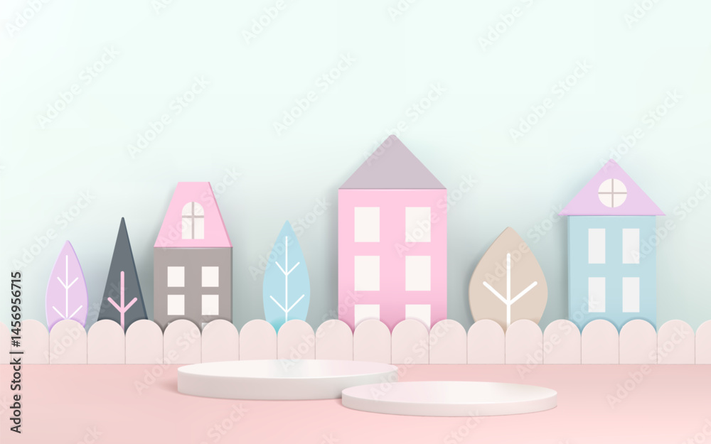 Poster Baby background. 3D product podium. Cute display or stand in pastel scene. Child platform with render house building and trees. Presentation circle stage. Vector design nursery pedestal