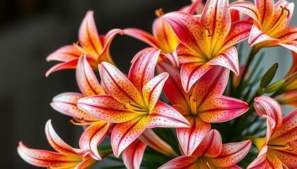 Dramatic Close Up of Vivid Tiger Lily Flowers with Striking Red Pink and Yellow Petals with Speckled Pattern in a Studio Setting for Floral Design or Botanical Illustration and Decoration