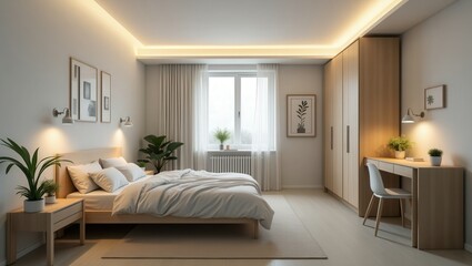 A cozy IKEA-style bedroom featuring a wooden bed with white bedding, bedside tables with lamps, a wooden wardrobe, a desk and chair, framed art, potted plants, and ample natural light through a window