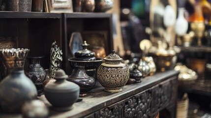 Naklejka premium Collection of antique vases, sculptures and metal items displayed on ornate wooden shelf