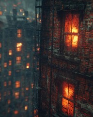 Fototapeta premium Brick building with warm lights. Grim cityscape backdrop
