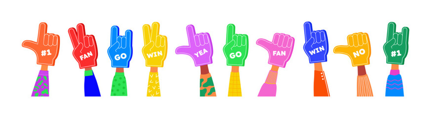 Fan team. Baseball sport finger glove. Best favorite hand for fun stadium. Foam supporter accessories. Competition cheers. Players support. Human arms gestures set. Vector cartoon concept