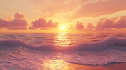 Fototapeta premium Serene sunset over the ocean. Waves gently crash on the shore as the sun sets, painting the sky in warm hues of orange and pink