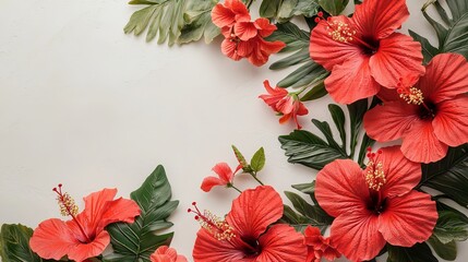Vibrant red hibiscus flowers framed by lush green leaves, creating a stunning tropical display.