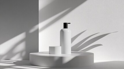 Minimal white skincare bottle on shadowed geometric platform with clean aesthetic lighting