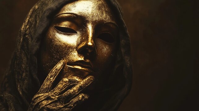 Golden metallic female sculpture in dark shadowed setting with mysterious artistic tone