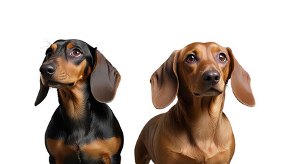 Two dachshunds of different colors, close-up, standing side by side and looking up at their invisible owner, isolated on transparent background