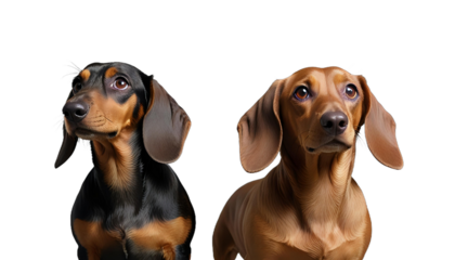 Two dachshunds of different colors, close-up, standing side by side and looking up at their invisible owner, isolated on transparent background