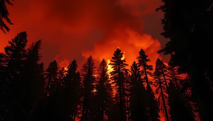 Intense Forest Fire Displaying Towering Black Trees Silhouettes Against Raging Orange Flames and Thick Smoke Filled Sky in Low Angle View Capturing Dramatic Nature Disaster