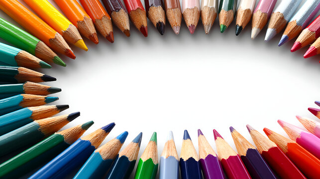A vibrant array of colored pencils arranged in a circular pattern on a white background - Powered by Adobe