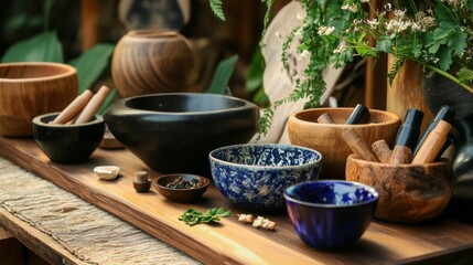 Rustic table with wooden bowls, herbs and ceramic utensils in artisanal culinary setup