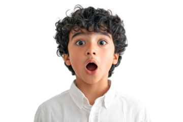 Surprised young boy with mouth open isolated on white background