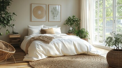 Serene bedroom interior featuring soft neutral tones and abundant natural light