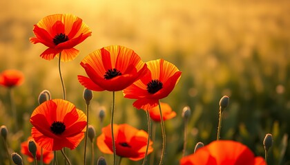 Naklejka premium Radiant Red Poppy Flowers Blooming in a Sunlit Meadow Under Golden Light during Summertime Creating a Vibrant Floral Landscape for Decoration And Earth Day