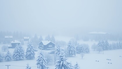 Snowy Village Among Pine Trees Under A Winter Sky Aerial Top Down View Depicting Calm and Isolated Landscape In White And Blue Tones Creating A Peaceful Winter Scene Perfect For Seasonal Decoration